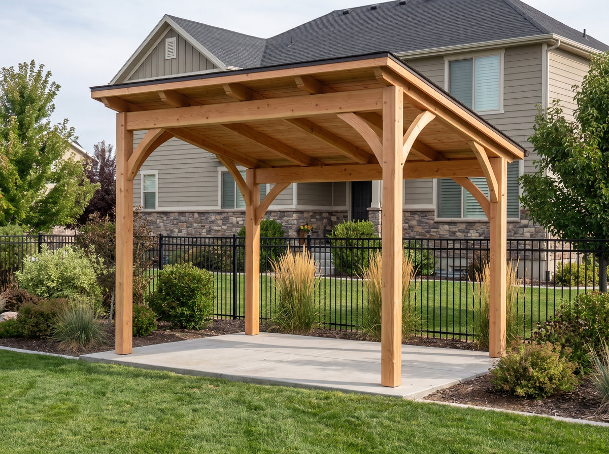 Single-slope timber cabana with curved corbel braces in front of a stone-and-siding home, black aluminum fence behind