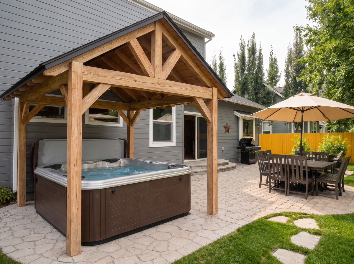 Gable timber pavilion over a hot tub beside a two-story house, dining set on the patio