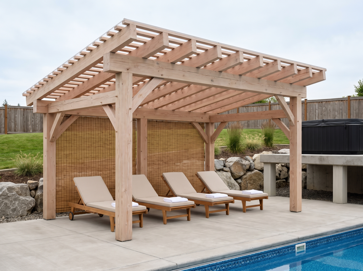 Poolside timber cabana with a bamboo privacy screen and chaise lounges