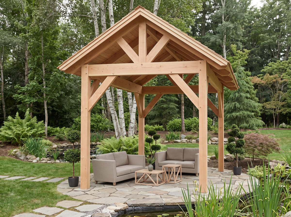Gable timber pavilion in natural Douglas fir with lounge seating beside a garden pond