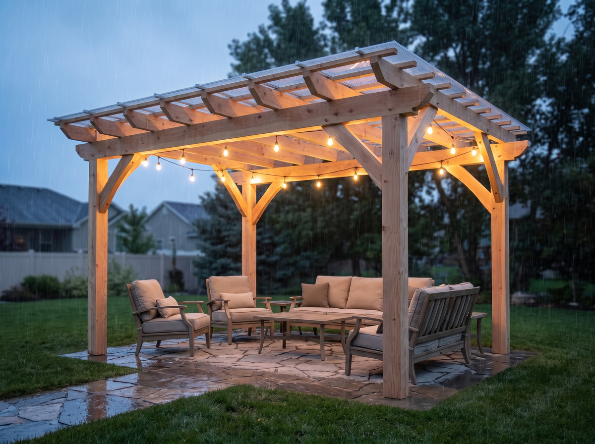 Timber pergola with a clear polycarbonate roof keeping a patio dry in evening rain