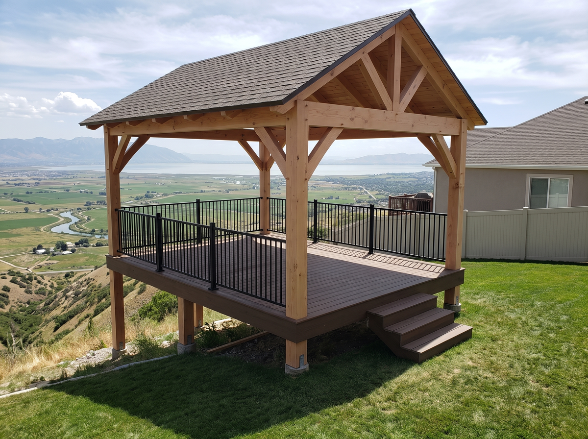 Elevated composite deck with black railing and stairs, carrying a 16x20 gable timber pavilion above a valley view