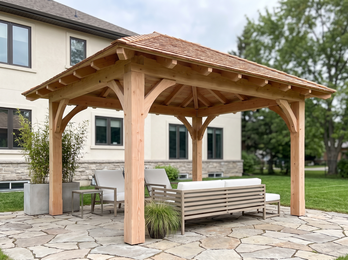 12x16 hipped-roof timber gazebo in natural fir on a flagstone patio behind a home