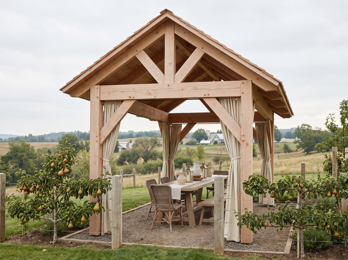 Gable-roof timber pavilion with a king-post truss and drop curtains sheltering a farmhouse dining table, set among espaliered pear trees