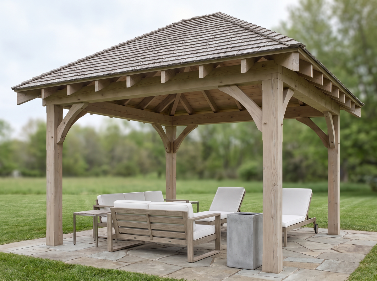 Twelve-by-sixteen four-sided hipped-roof gazebo in natural Douglas fir, showing the deep overhangs and curved corbel braces