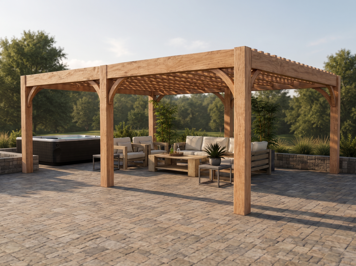 A large custom Douglas fir pergola with heavy timber posts and a lattice roof shading a lounge and hot tub on a stone paver patio.