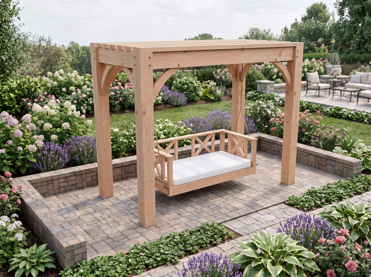 Six-by-twelve timber arbor with tall arched braces and a flat slat top, carrying a hanging daybed swing over a paver garden path