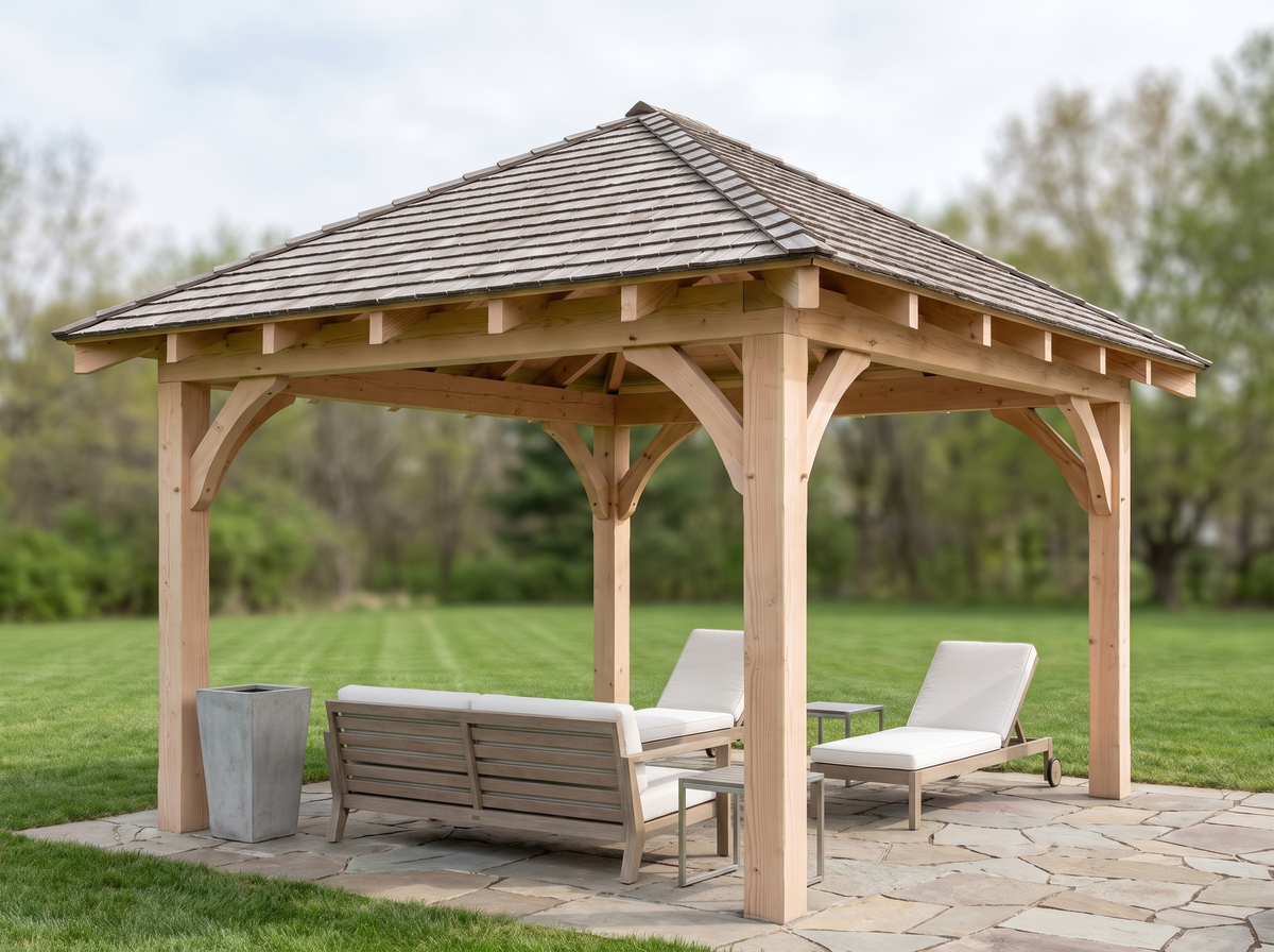 Twelve-by-sixteen four-sided hipped timber gazebo on open lawn, showing the natural Douglas fir framing and curved corbel braces