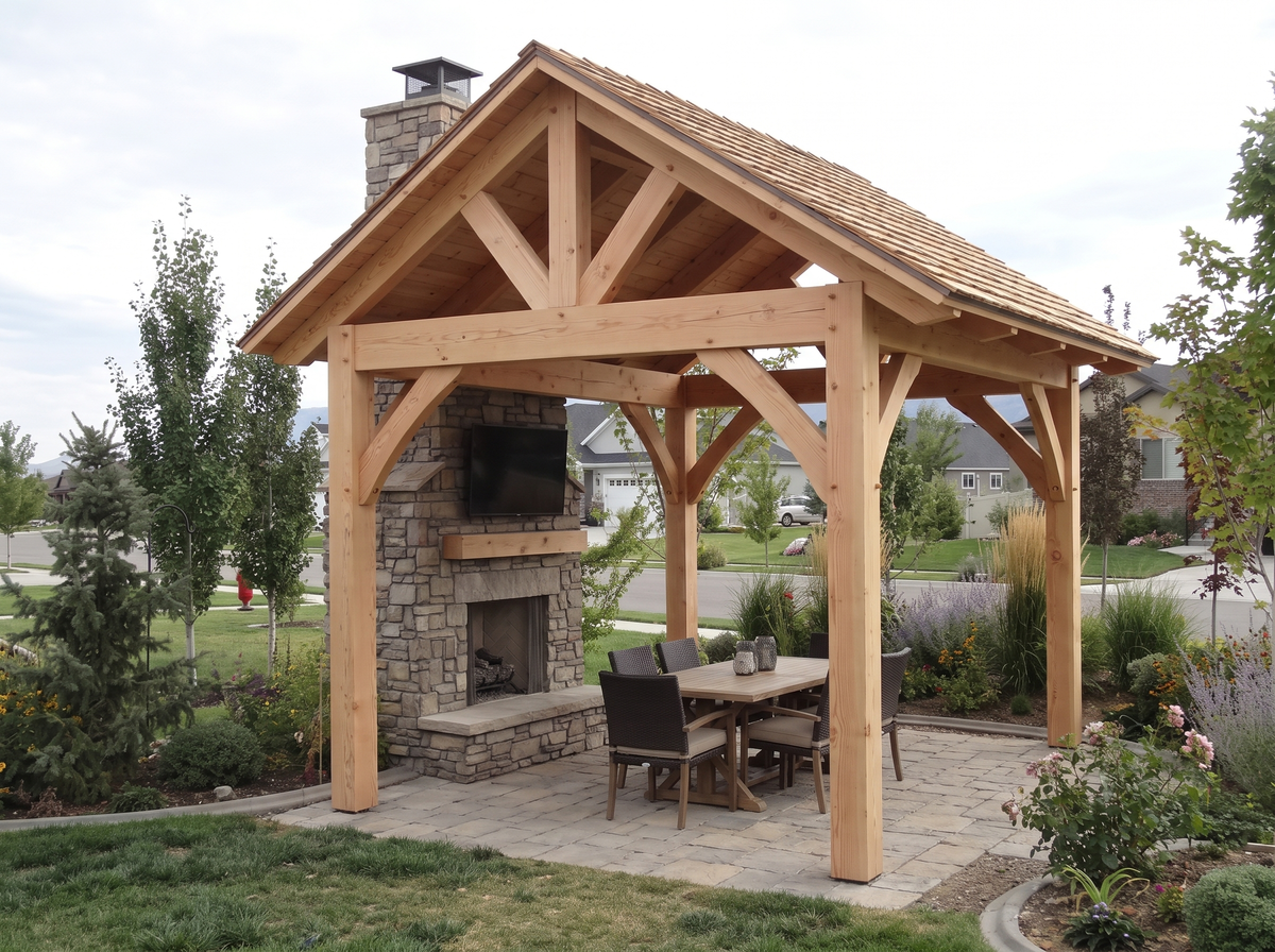 Solid-roof timber pavilion with a stone outdoor fireplace and chimney through the gable, over a paver patio and dining set