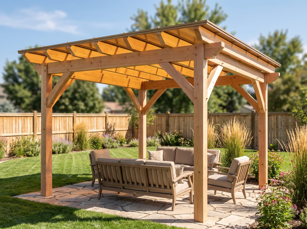 A Douglas fir pergola with a golden-bronze multiwall polycarbonate roof over patio furniture in a landscaped Utah backyard