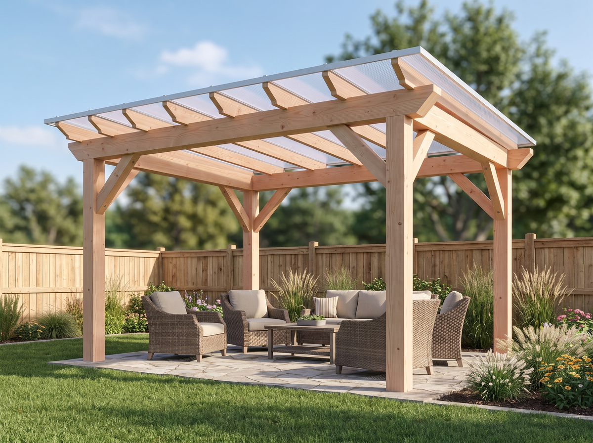 A 12 by 16 Douglas fir pergola with a clear multiwall polycarbonate roof over a patio seating area, bright daylight passing through the panels