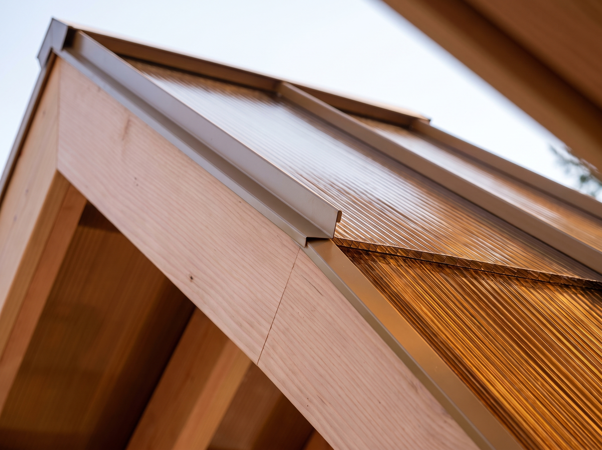 Close-up of bronze multiwall polycarbonate panels meeting a slim standing-seam cap over a Douglas fir beam