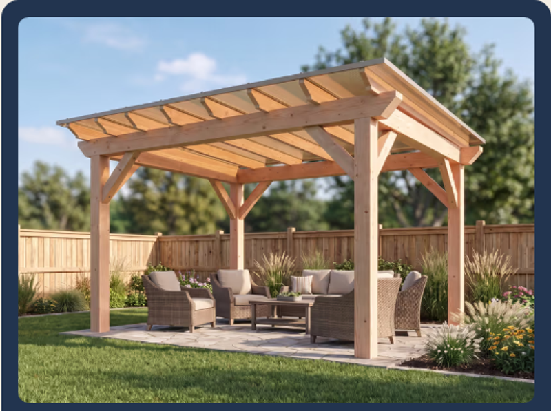 The Stillbury pergola roof calculator showing a bronze-roofed pergola preview and an instant kit price