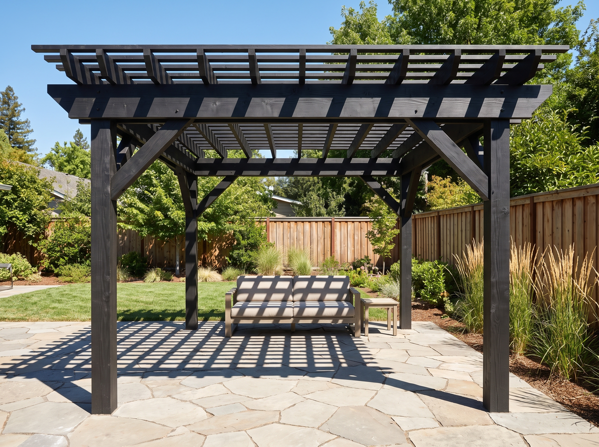 A 12 by 16 pergola in a Slate stain over a flagstone patio in bright early-afternoon sun, its two-layer slat canopy throwing a crisp grid of shadow across the stone with bright sun between the shadow bars