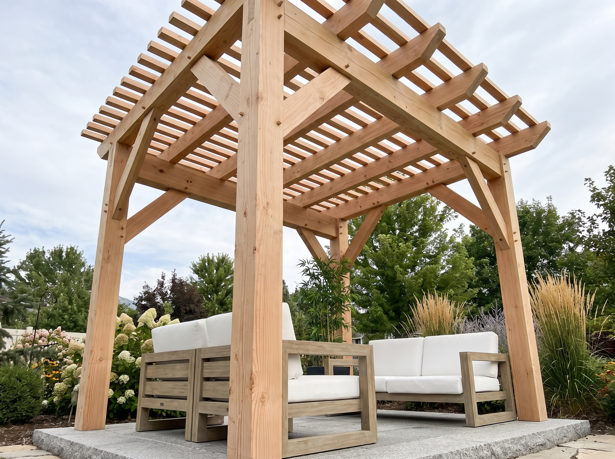 Low upward view through the slat roof of a custom 10 by 12 foot Modern pergola in fresh-milled Douglas fir.