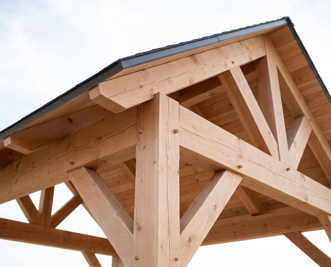 Modern pavilion corner detail showing straight square-cut knee brace and gable beam joinery in natural Douglas fir.