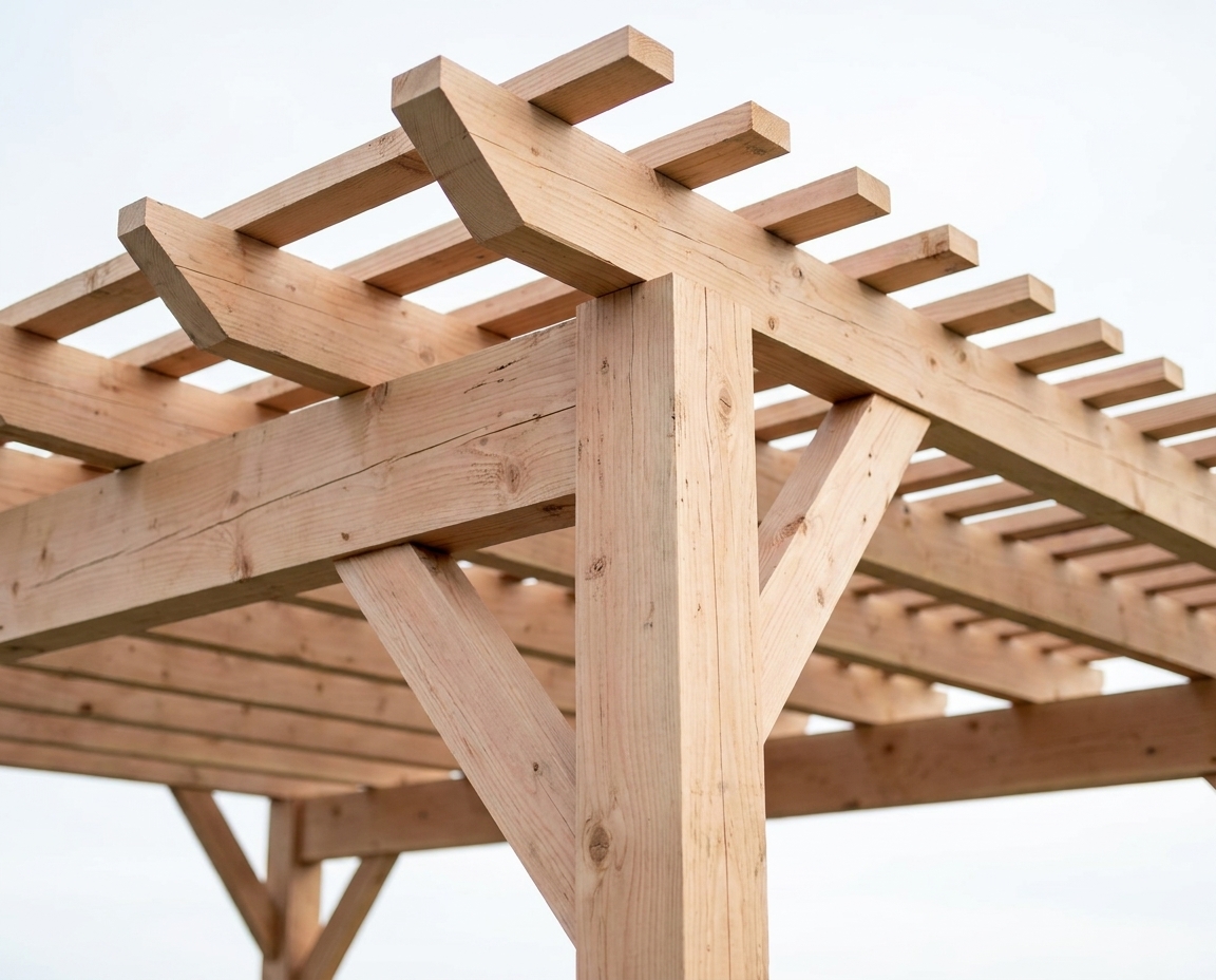 Modern pergola corner detail showing straight square-cut knee brace and beam joinery in natural Douglas fir.