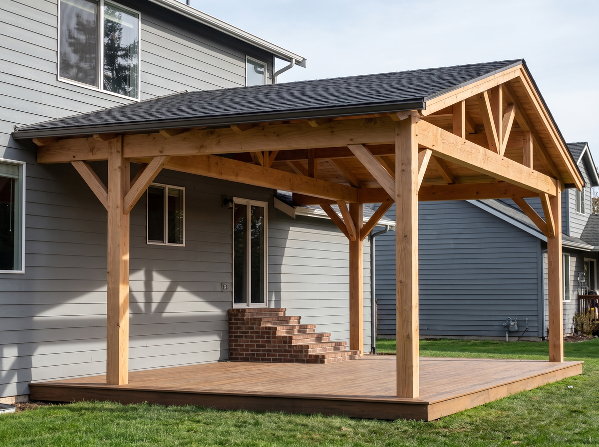 Gable timber pavilion with king-post truss over a wood deck against a gray two-story home