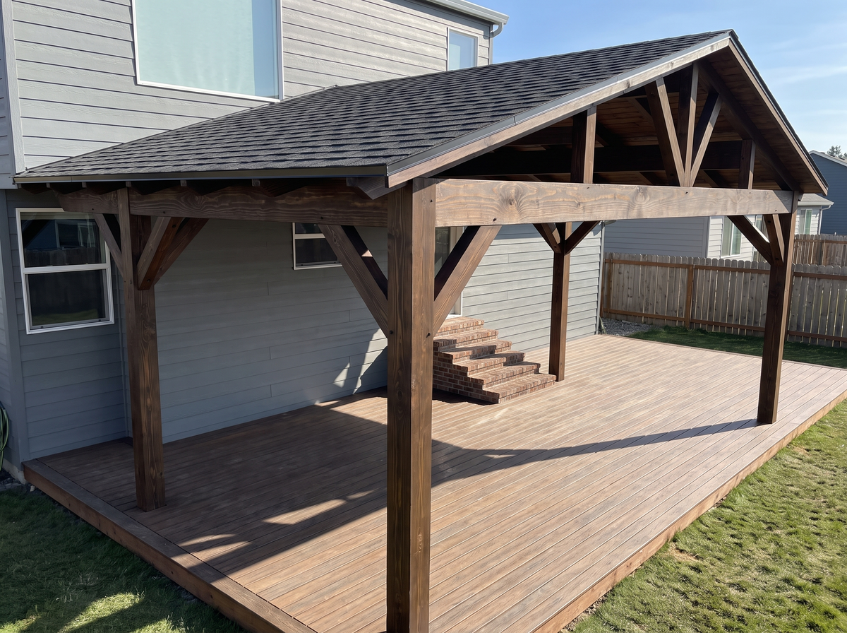 20x30 gable timber pavilion in espresso stain set against a two-story home over a concrete patio