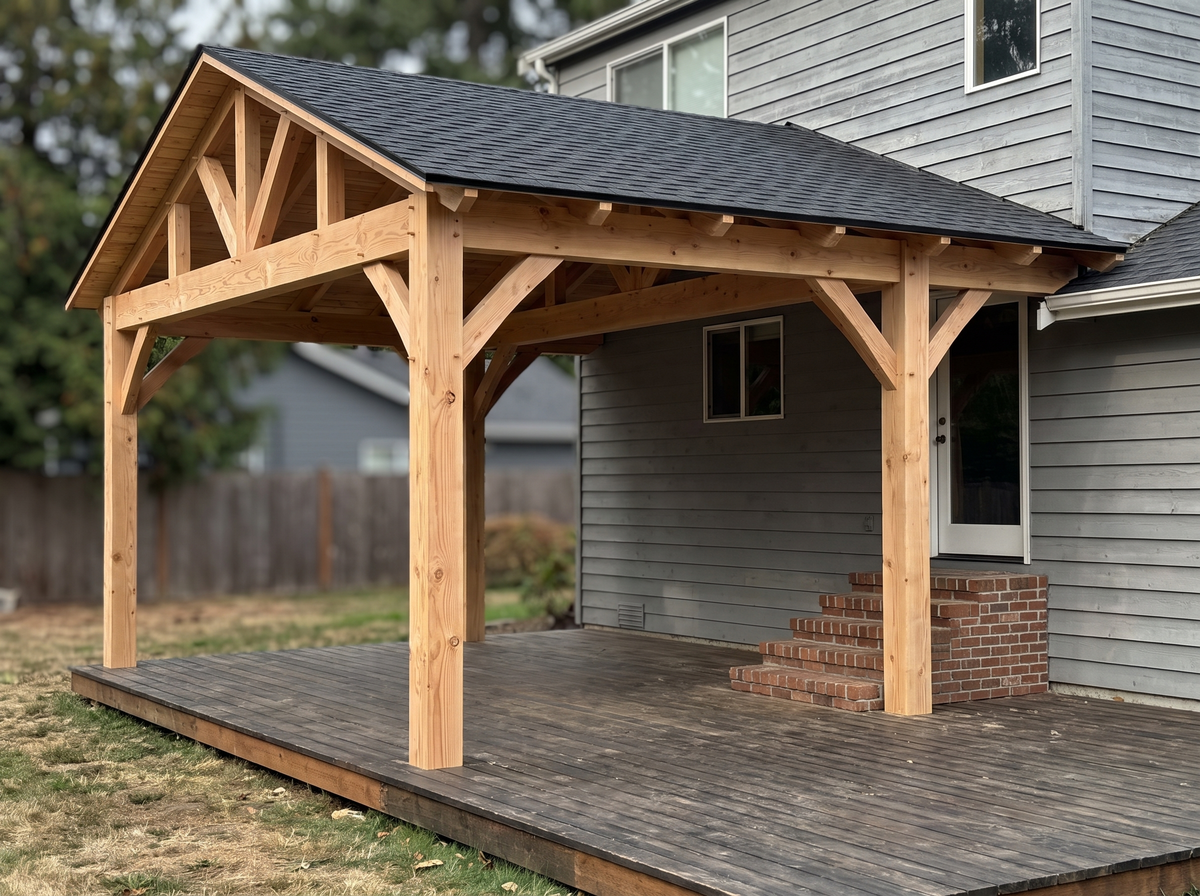 Gable timber pavilion over a wood deck, brick steps up to the back door