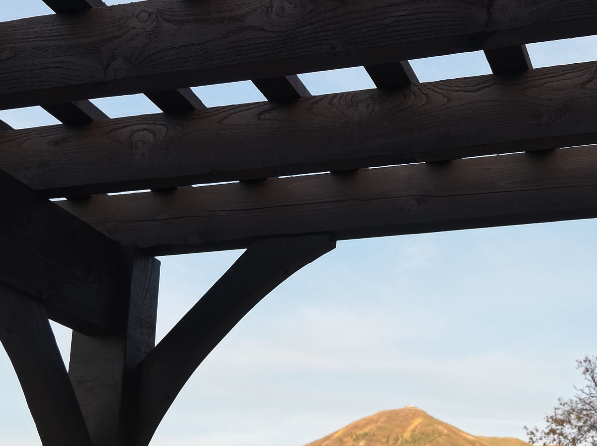 Looking up at a curved knee brace, beam and rafter tails of the Cordovan Brown pergola in Elk Ridge, Utah