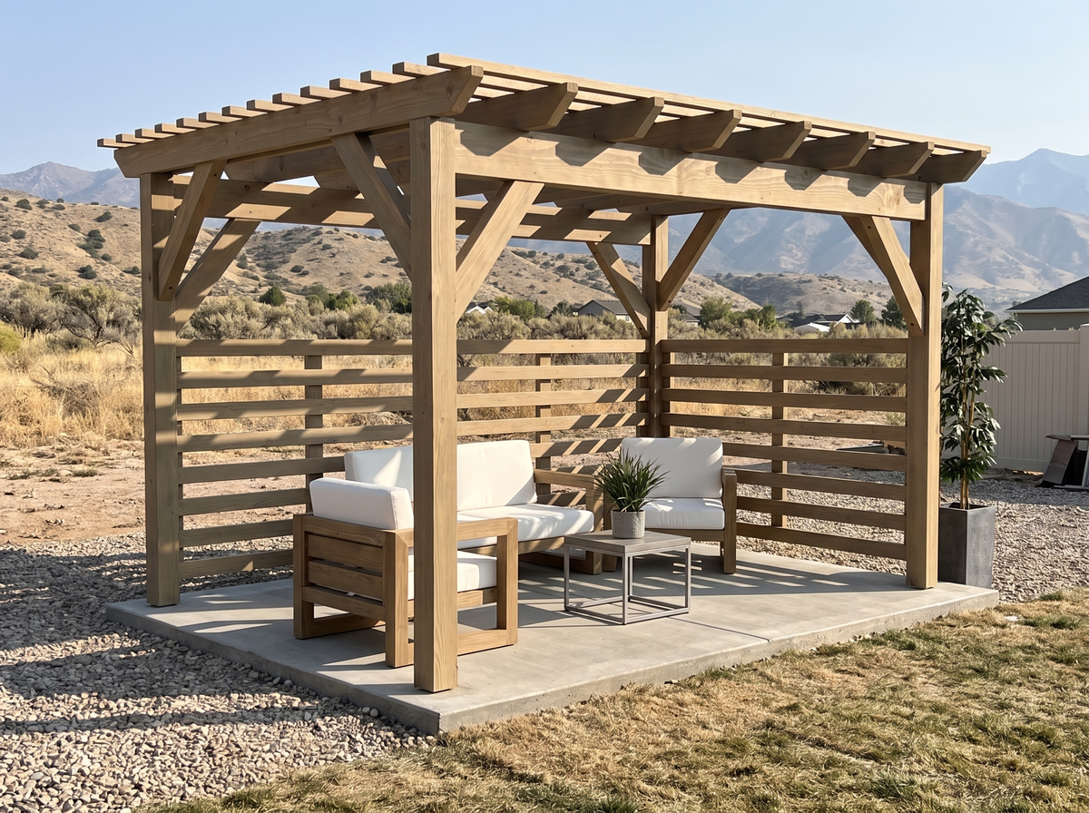 Timber pergola with slat privacy screens against dry foothills