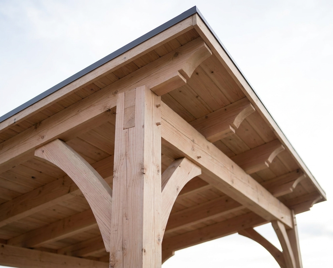 Rustic cabana corner detail showing curved brace, single-slope roof edge, and drip-edge detail.