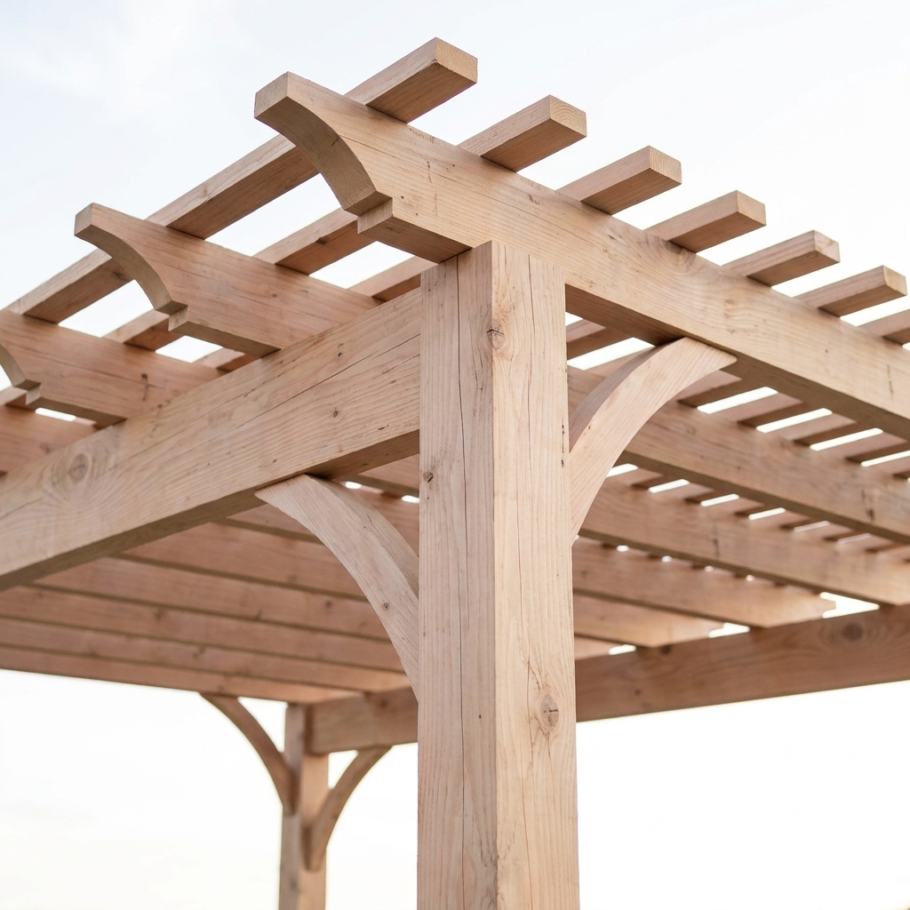 Rustic pergola corner detail showing curved corbel knee brace and beam joinery in natural Douglas fir.