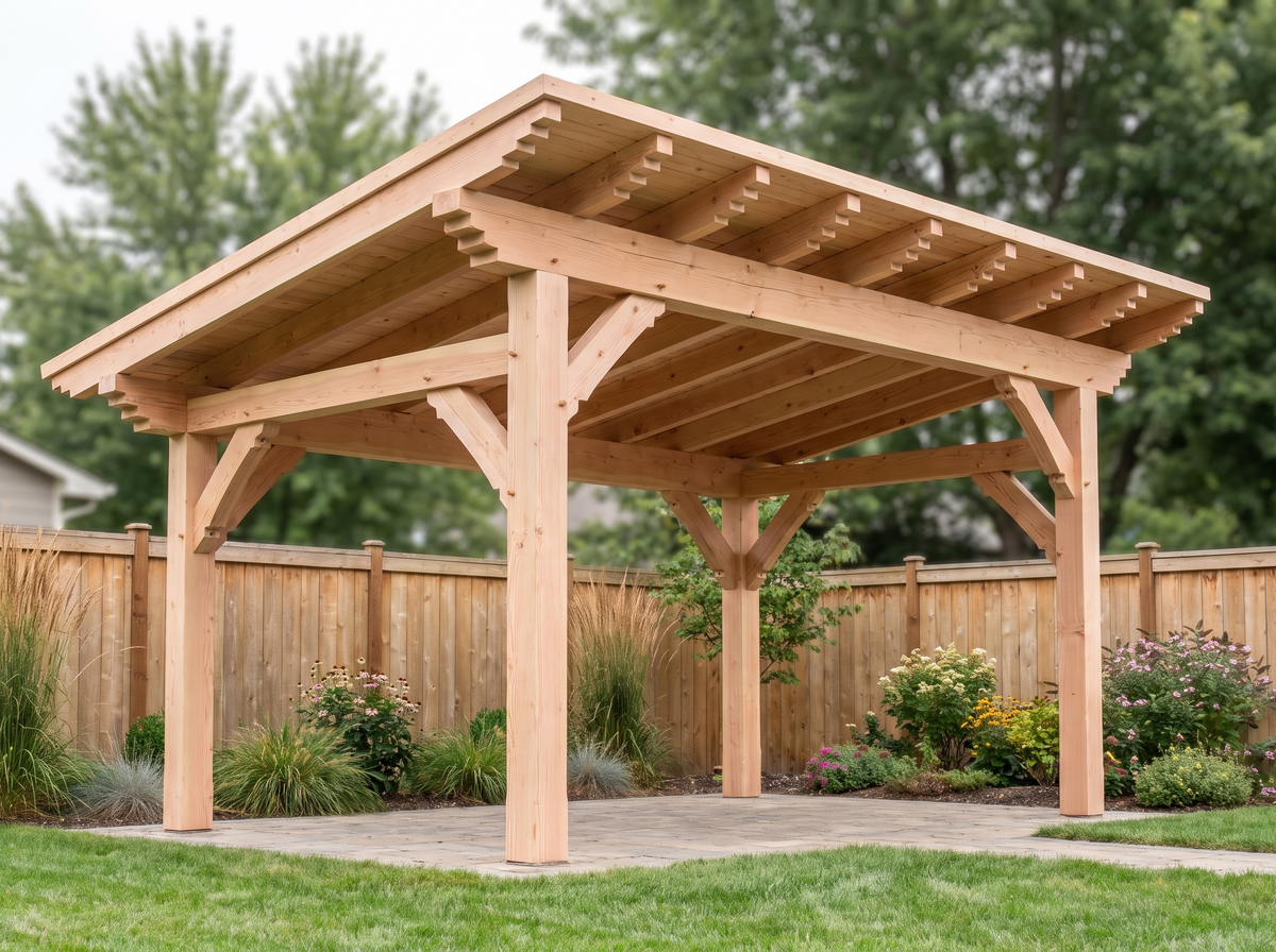 Southwest-style timber cabana with a single-slope roof and stepped beam ends in natural Douglas fir