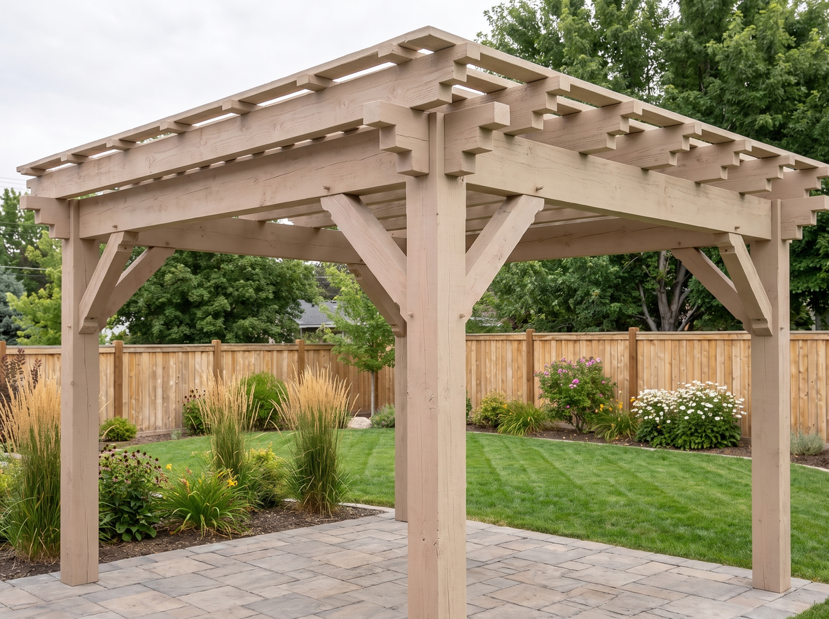 Southwest timber pergola render with stepped stair-step beam ends