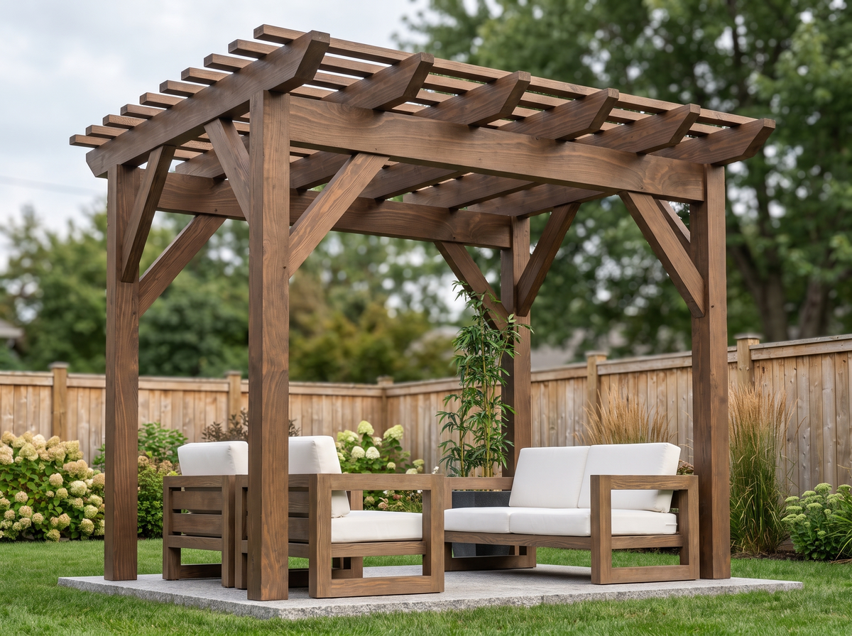 10 by 12 modern timber pergola finished in dark walnut stain