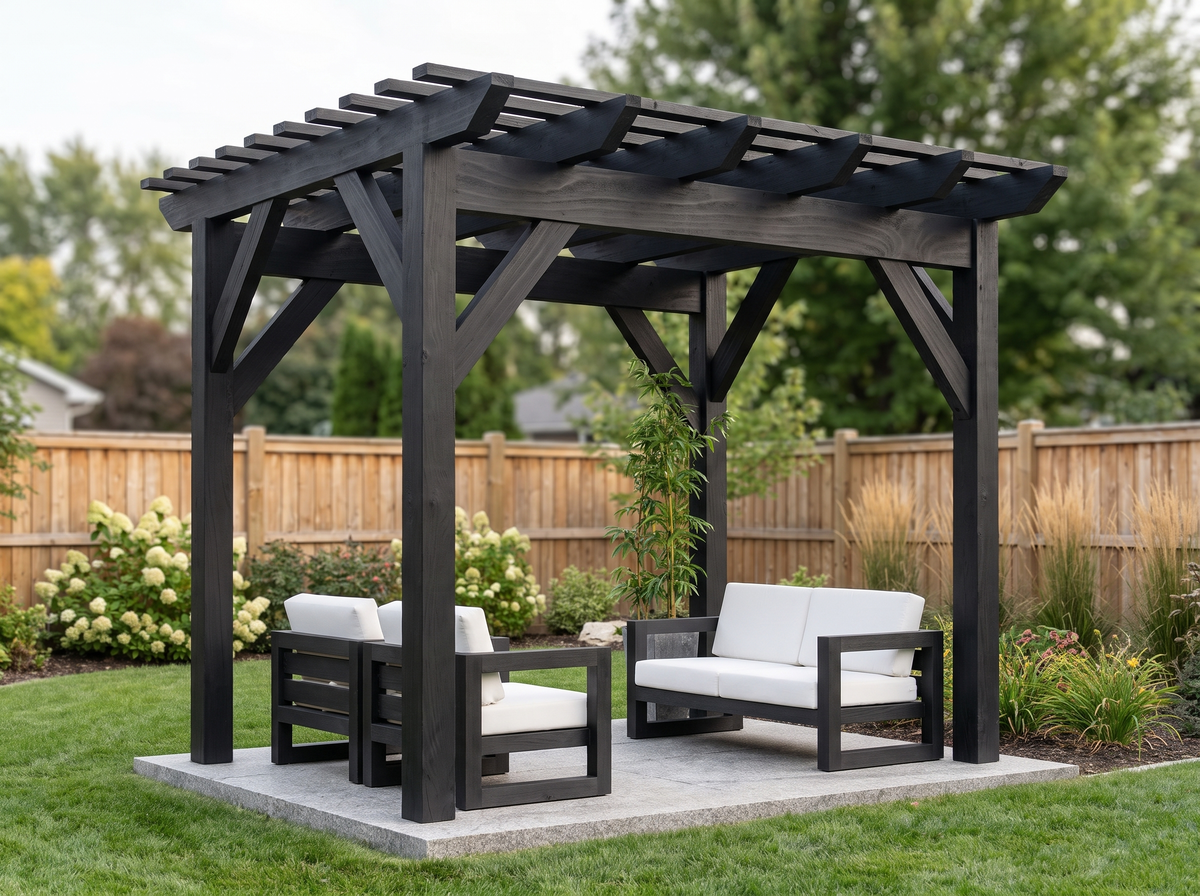 10 by 12 modern timber pergola finished in ebony black stain
