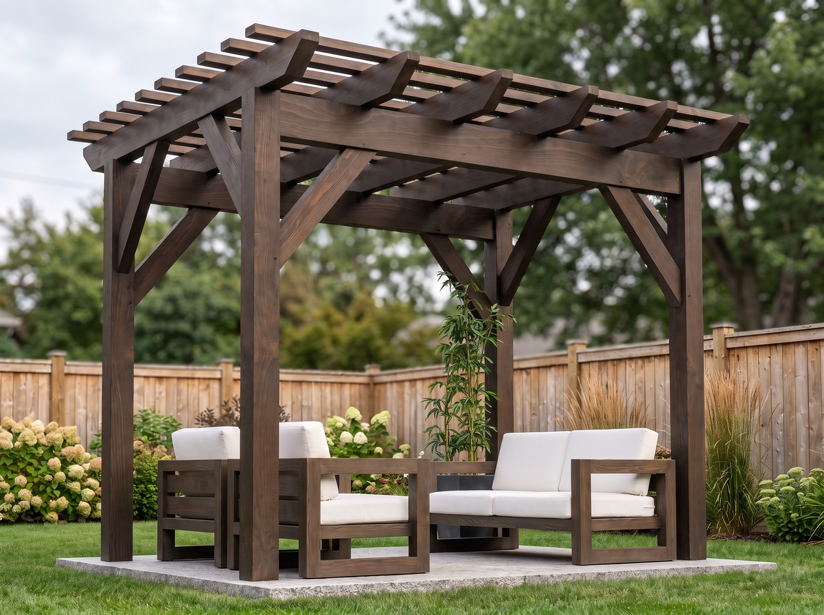10 by 12 modern timber pergola finished in espresso stain