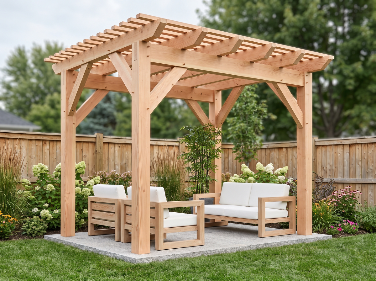 10 by 12 modern timber pergola finished in natural fir