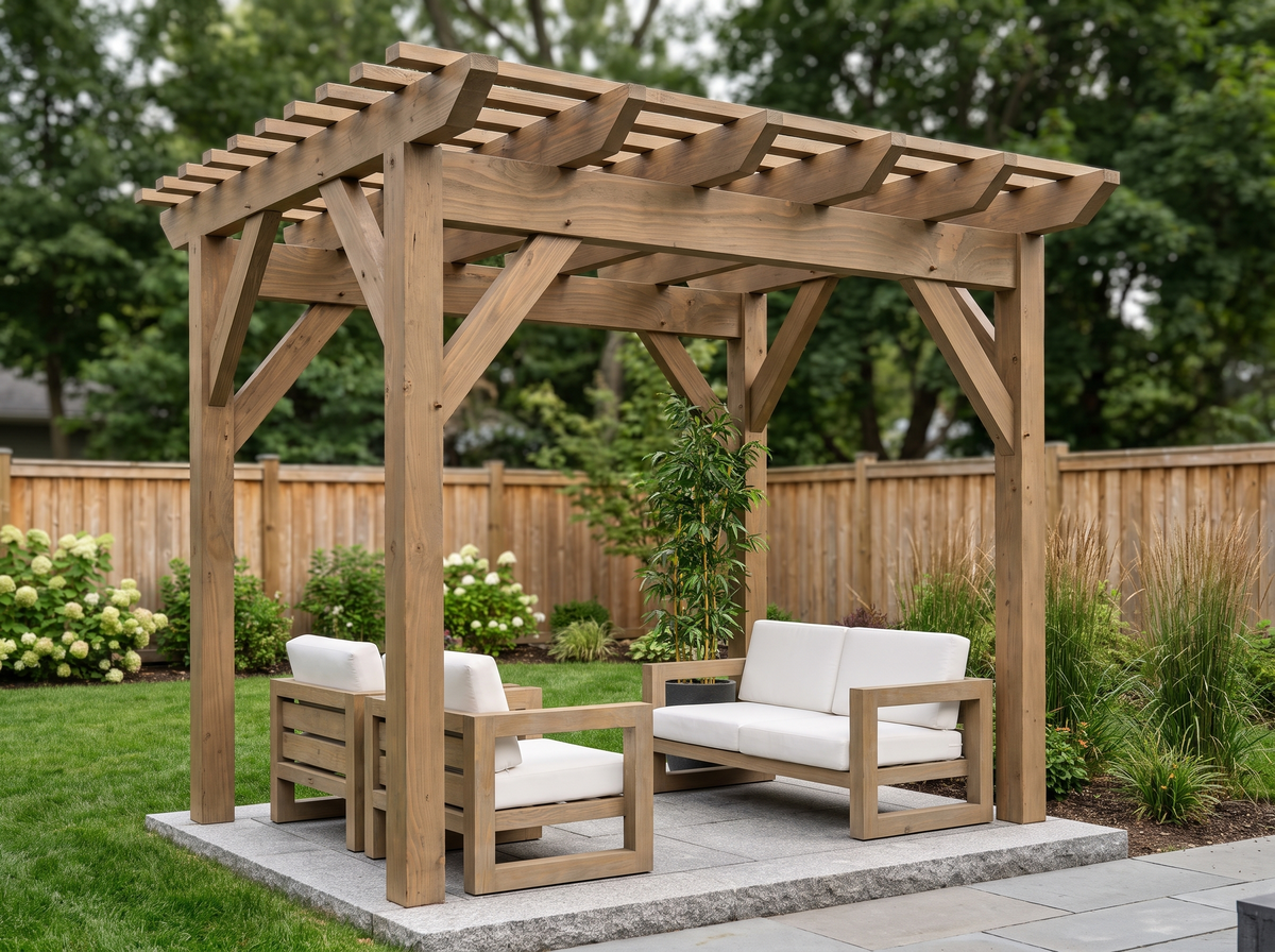 10 by 12 modern timber pergola finished in toasted tan stain