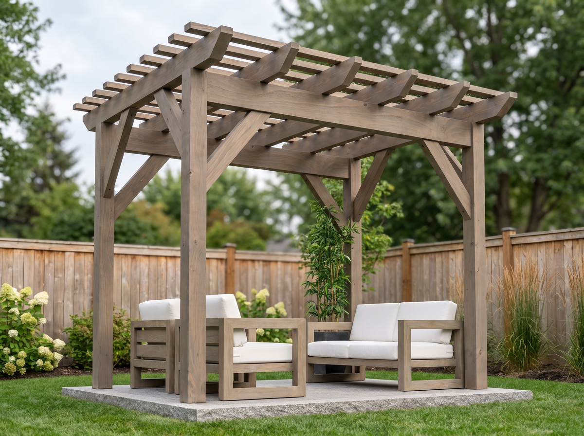 10 by 12 modern timber pergola finished in weathered greige stain