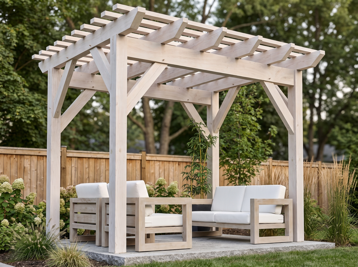 10 by 12 modern timber pergola finished in whitewash stain
